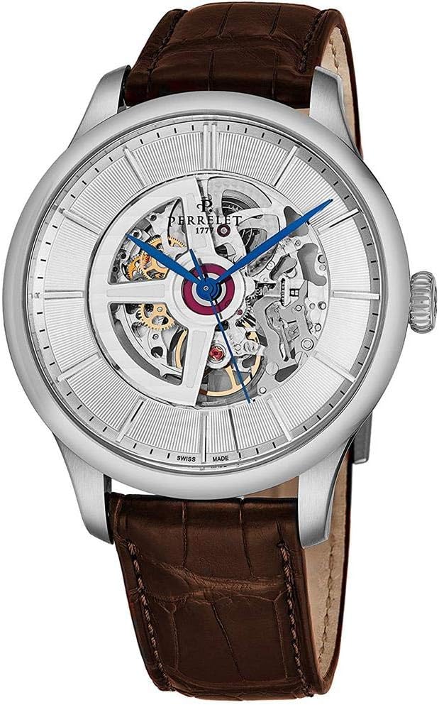 Perrelet First Class Double Rotor Skeleton Mens Automatic Watch - 42mm Silver Open Face with Second Hand and Sapphire Crystal - Brown Leather Band Stainless Steel Swiss Made Watch for Men A1091/1