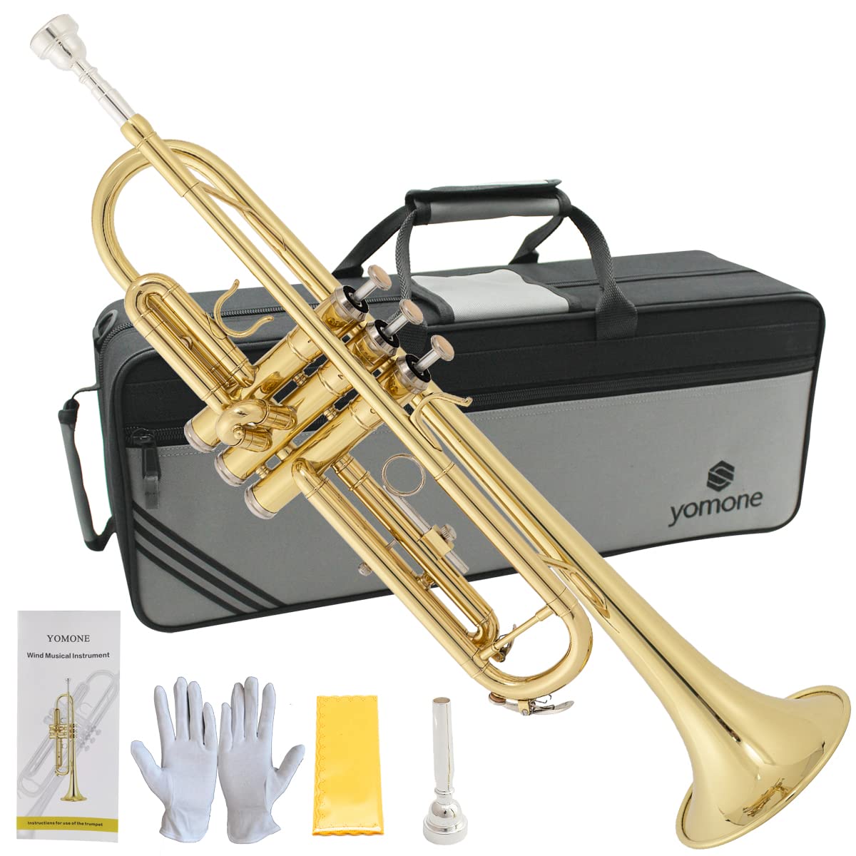 Photo 1 of Yomone Bb standard trumpet suit adults play western wind instruments for beginners or senior students, with hard shell, 7C mouthpiece, cloth and gloves (golden)