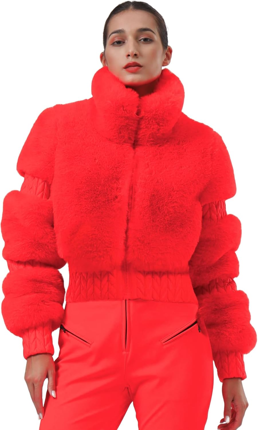 GSOU SNOW Women Ski Jacket Faux Fur Snowboard Coat Snow Cropped Jacket Winter Outdoor Warm