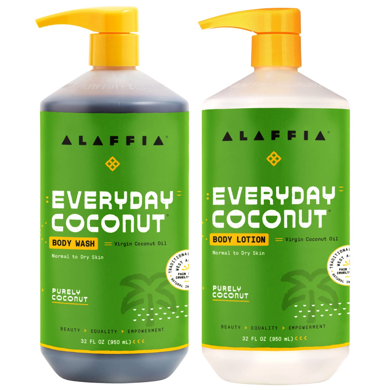 Alaffia Body Wash & Body Lotion Set, EveryDay Coconut – Purely Coconut Skin Cleanser and Moisturizer with Coffee Extracts for Normal to Dry Skin, 32 Oz Ea