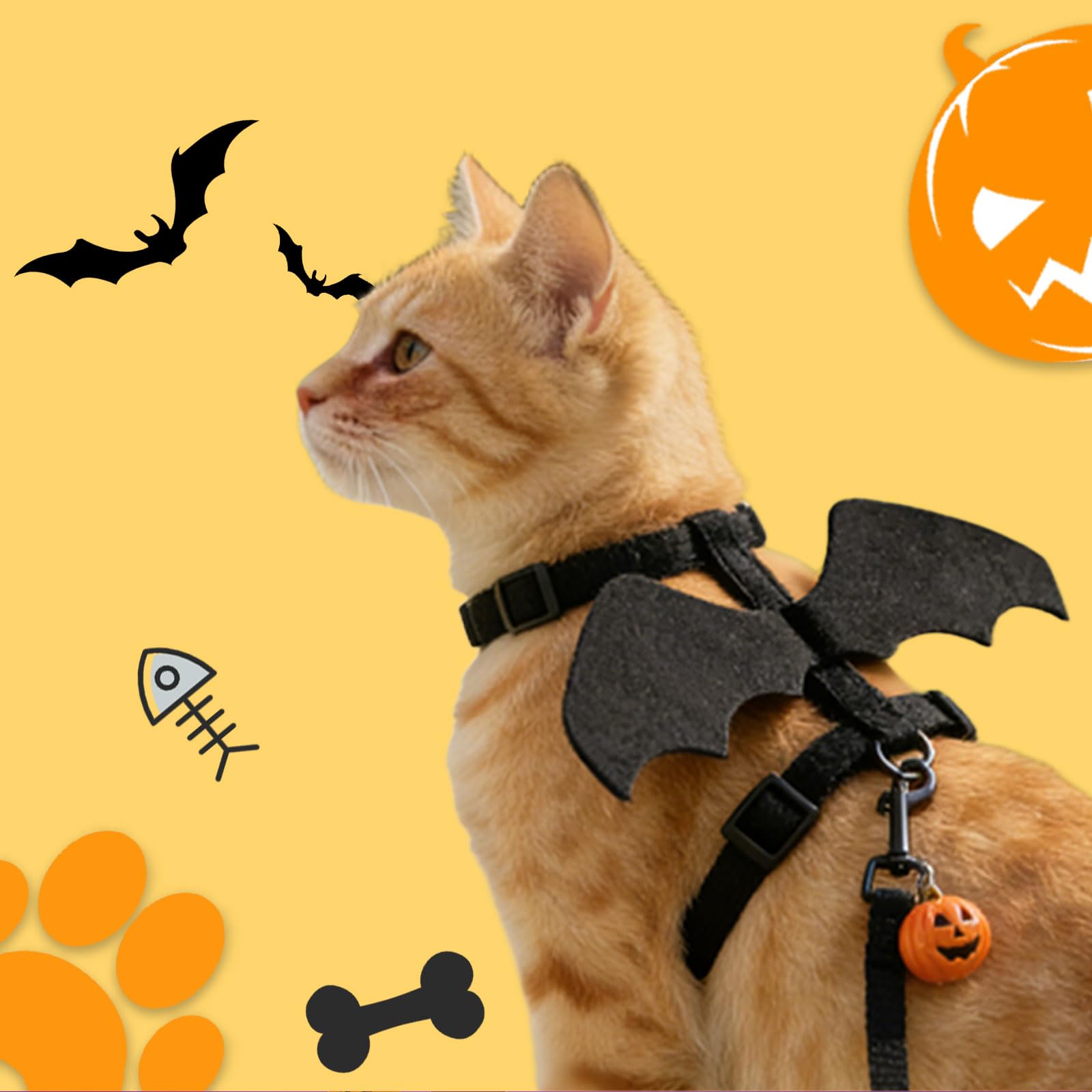 Katzengeschirr und Leine, Katzen-Halloween-Kostüme mit Fledermausflügeln, ausbruchsicher, weich, verstellbare Weste, einfache Kontrolle, atmungsaktiv, Halloween-Kostüm, Geschirr für kleine