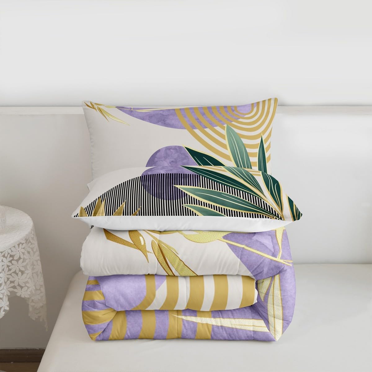 Erosebridal Mid Century Bedding Set Full Size Abstract Bohemian Aesthetic Comforter Set,Minimalist Modern Boho Bedding Comforter Sets Vintage Geometric Circle Line Quilt,Purple Gold
