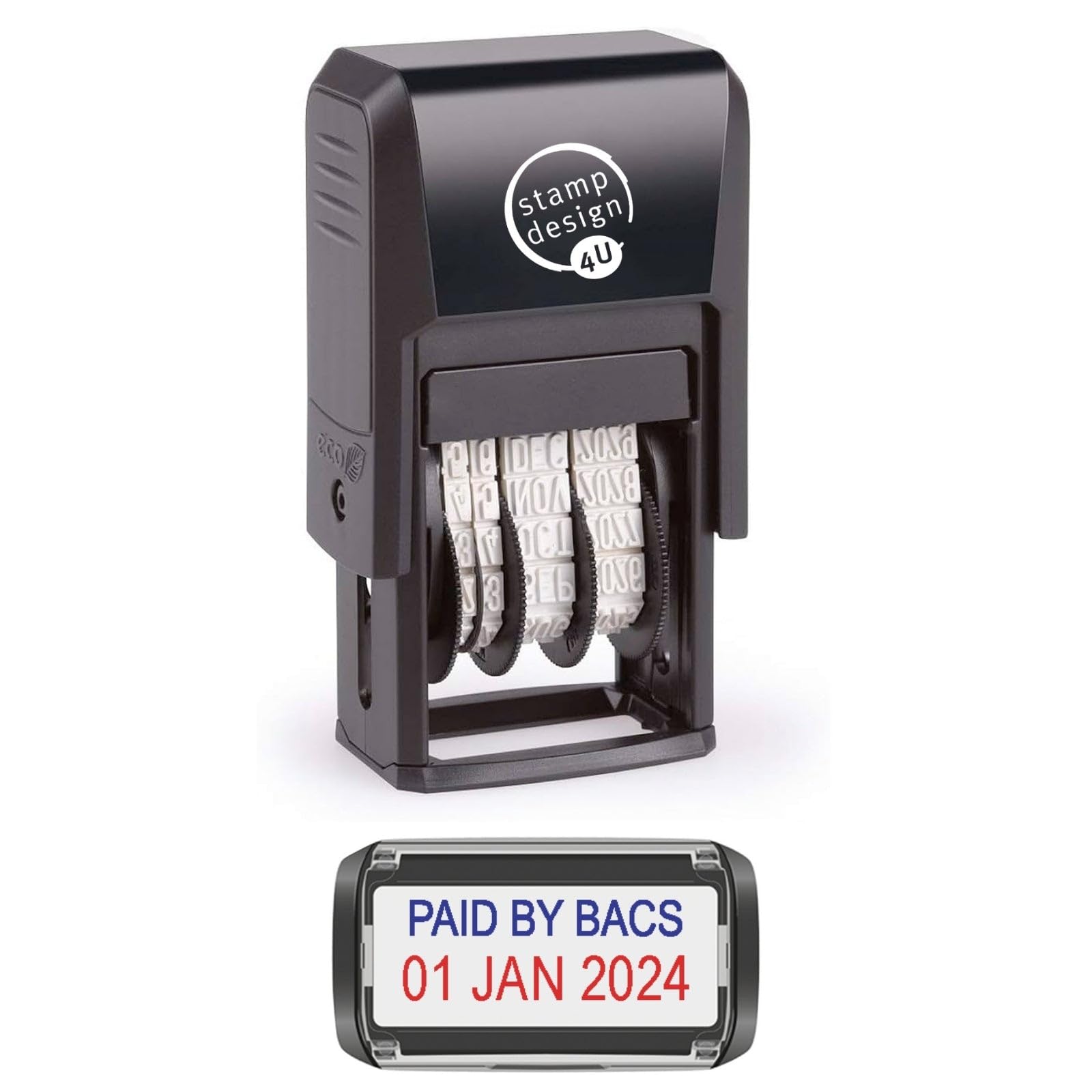 Self Inking Changeable Date Stamp - Paid by Bacs Date Stamp in Blue and Red Ink