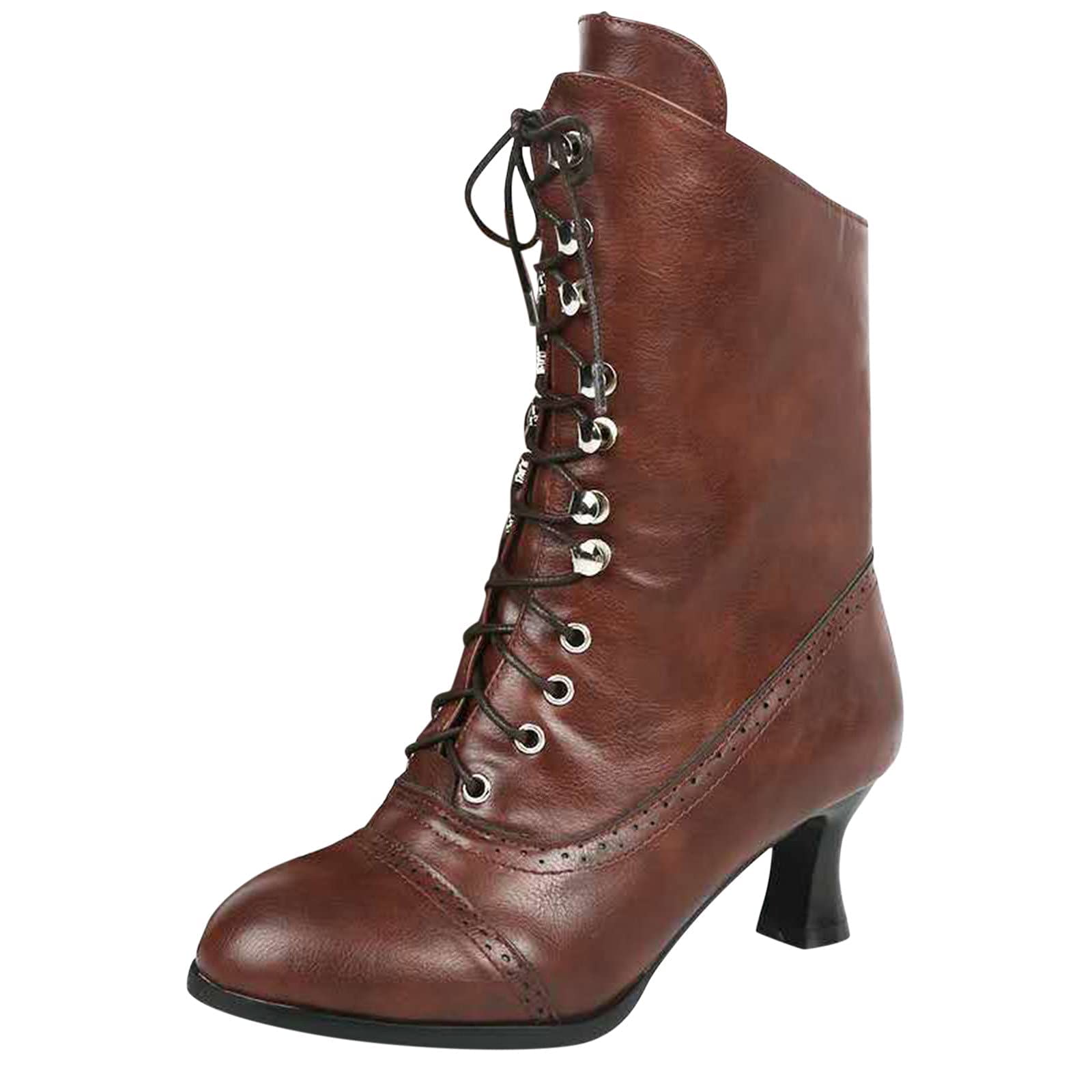 Victorian Boots for Women Vintage 70s Lace Up Goth Mid Calf Booties Chunky Low Heel Kitten Almond Toe