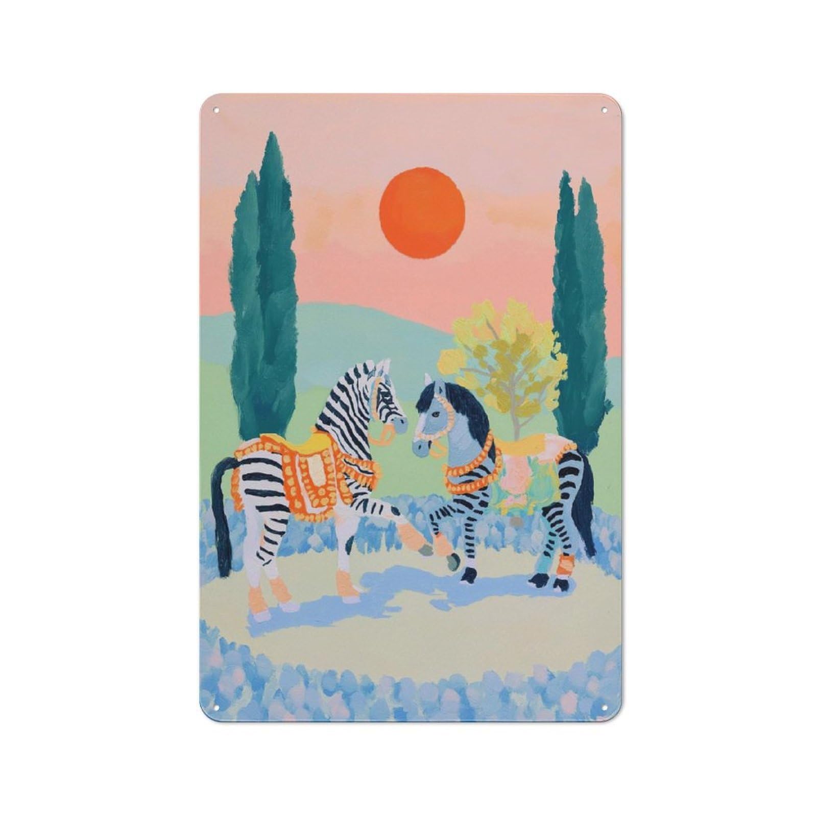 Junmoney Style-24 Tin Wall Plaque 30X20cm With Zebras In A Dreamy Landscape For Hallway Wall, Suited To Wall Displays In Hallways And Entrance Areas