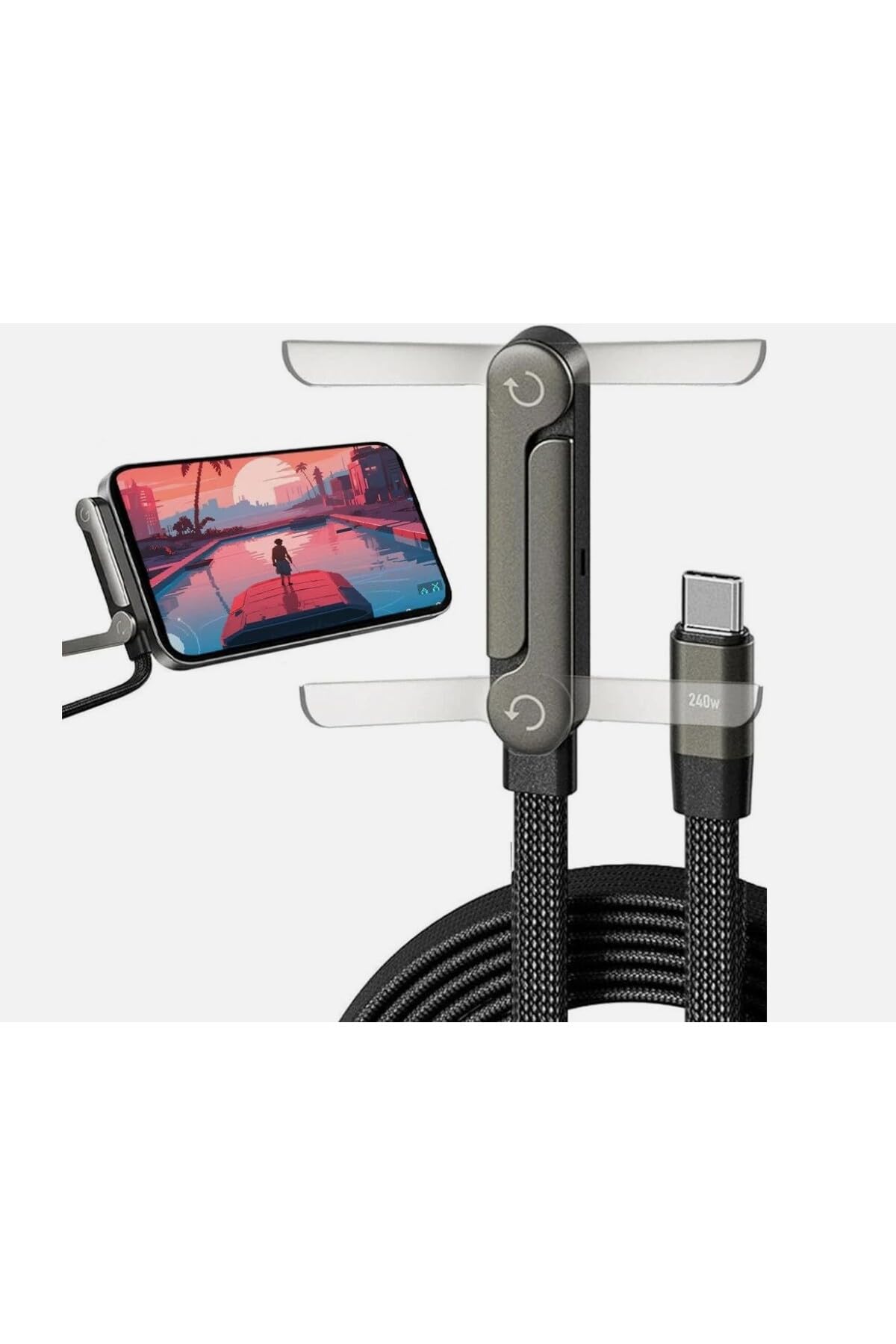 Deyhome 240W Ultra Hızlı Type-C Şarj Kablosu – 1.5M Örgülü, Katlanabilir Standlı Ergonomik Tasarım, PD Hızlı Şarj ve Data Aktarım Kablosu