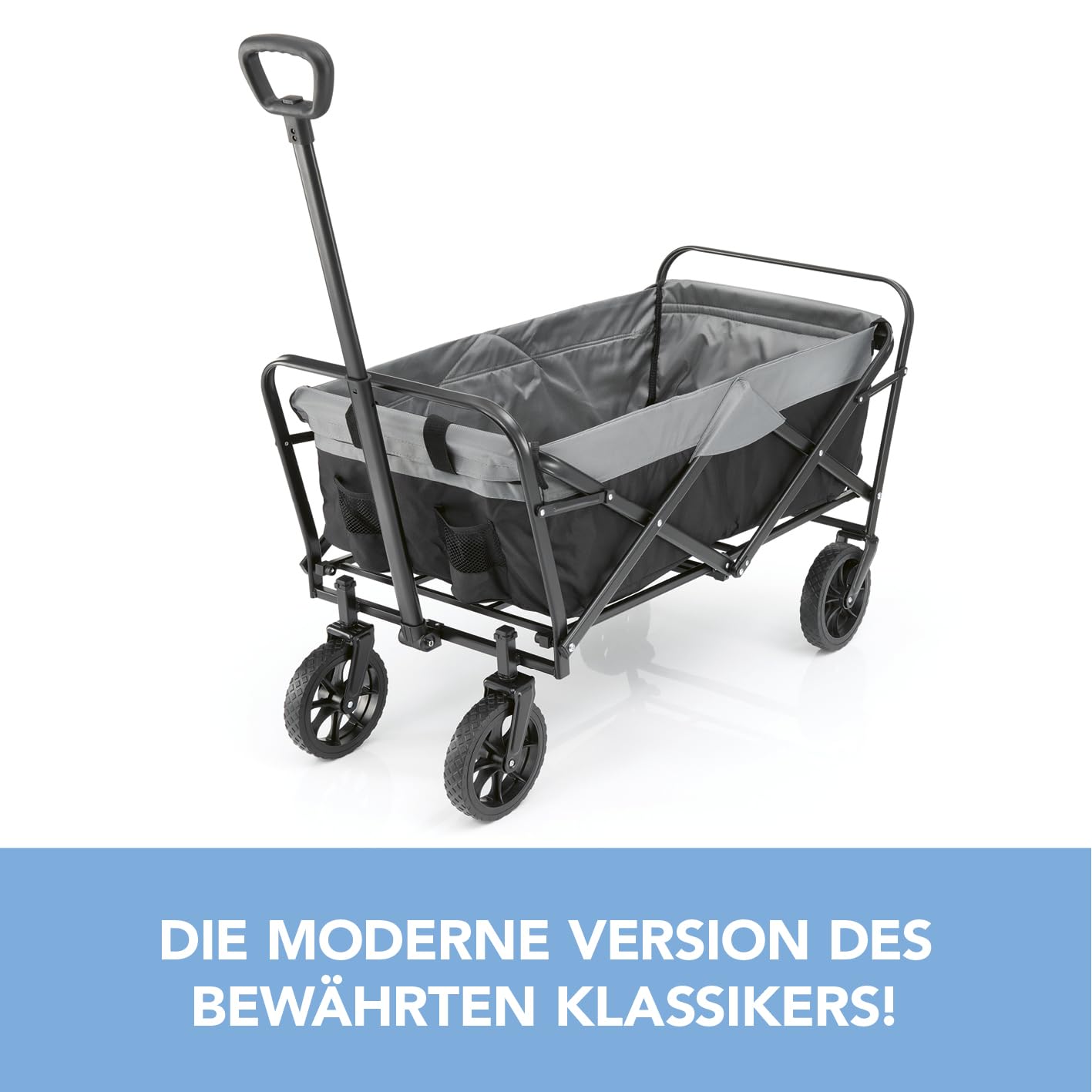EASYmaxx Bollerwagen faltbar | Klappbarer Handwagen | Transportkarre bis 80 kg belastbar | Kompaktes Design | Ausziehbarer Griff | 360° Vorderräder | Für Ausflüge, Garten, Festivals [Schwarz/Grau]