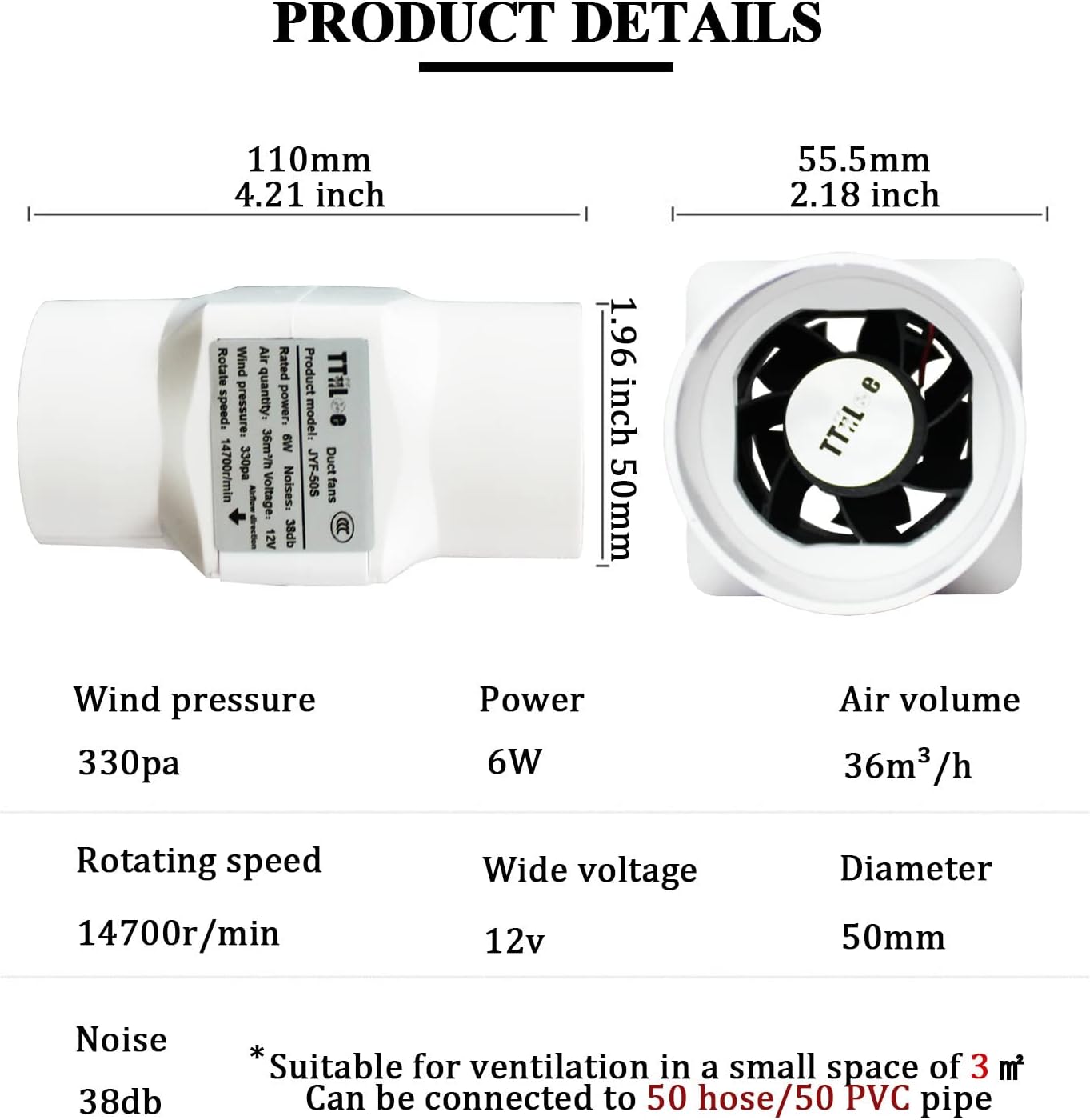 2 Inch 12V Inline Duct Fan for Grow Tent, 50mm 6W Air Vent Fan Booster, Small Mixing Flow Pipe Exhaust Fans, 36 m³/h Mini Blower for Pet House, Attic, Wardrobe, Shoe Cabinet (Normal Power)