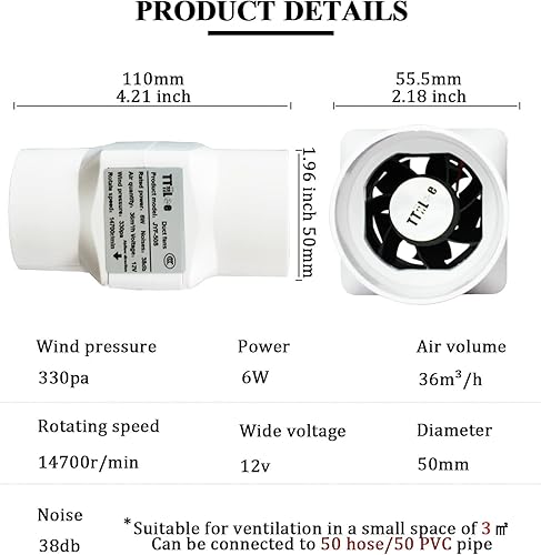 Miniatura 3 de Ventilador de conducto en línea de 2 pulgadas y 12 V para tienda de cultivo, ventilador de ventilación de 1.969 in y 6 W, ventiladores de escape de