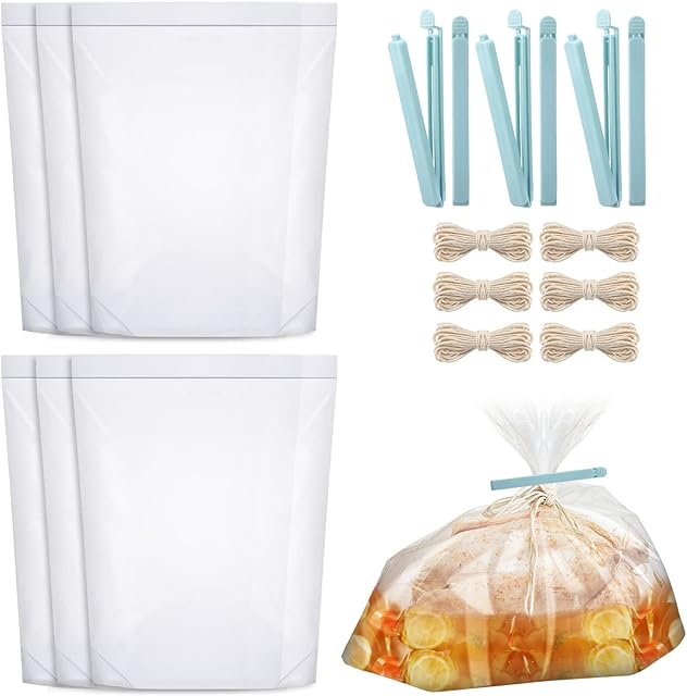18 Pcs Turkey Brining Bag Set Includes Extra Large Brine Bag Thickened Turkey Bags Single Zippers Seal Brine Bags with Strings and Sealing Clips Turkey Brine Kit for Roasted Turkey Chicken Pork Meat