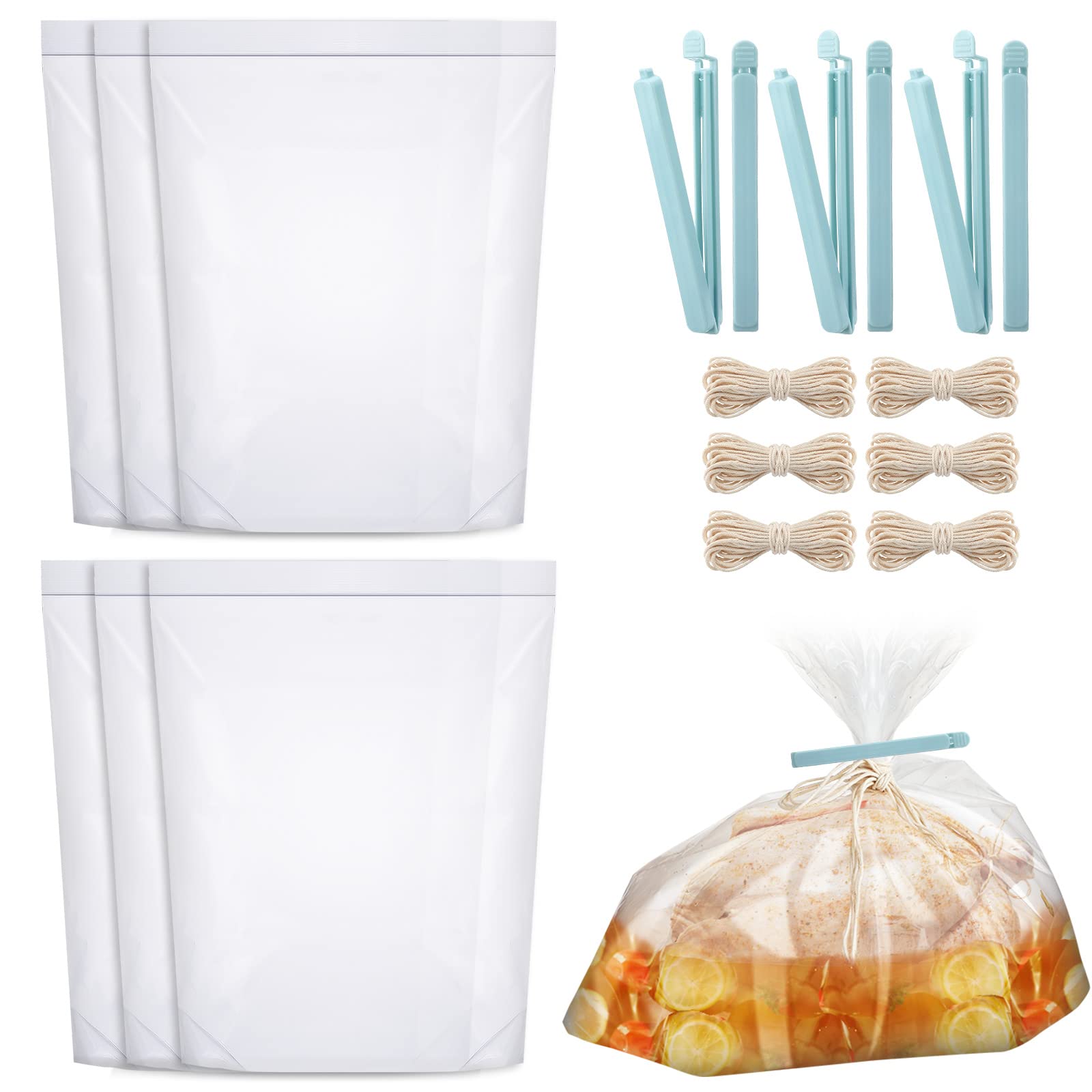 18 Pcs Thanksgiving Turkey Brining Bag Kit 26 x 22 Extra Large Brine Bag Single Zipper Seal Brine Bags for Chicken Turkey Beef Pork Holds up to 35lbs with 2 Strings and 2 Larger Clips
