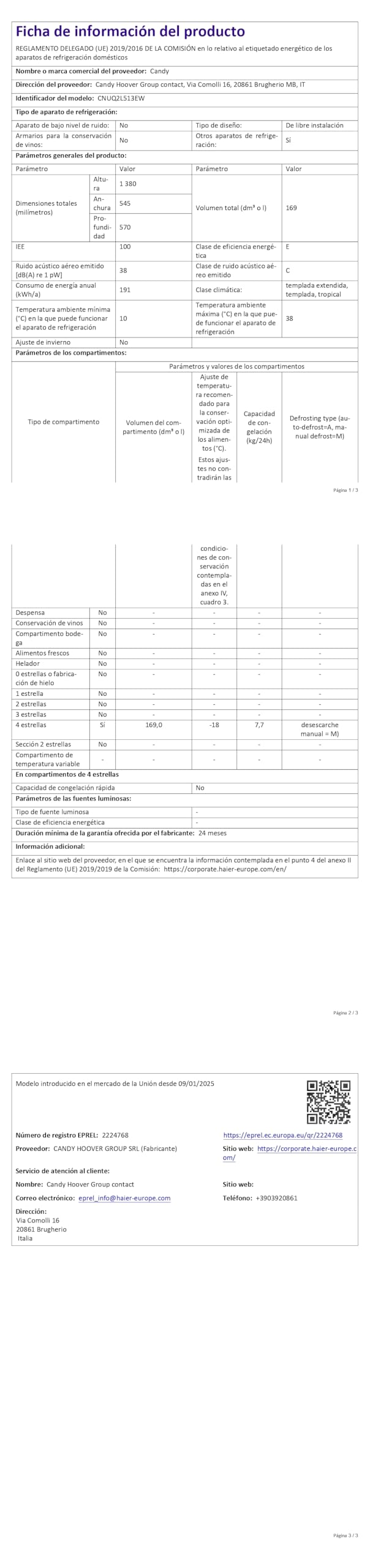 Candy Up Freezer 300 CNUQ2L513EW, congelatore verticale, larghezza 55 cm, 169 l, 3 cassetti, controllo meccanico della temperatura, gambe regolabili, illuminazione interna a LED, maniglia esterna, 37