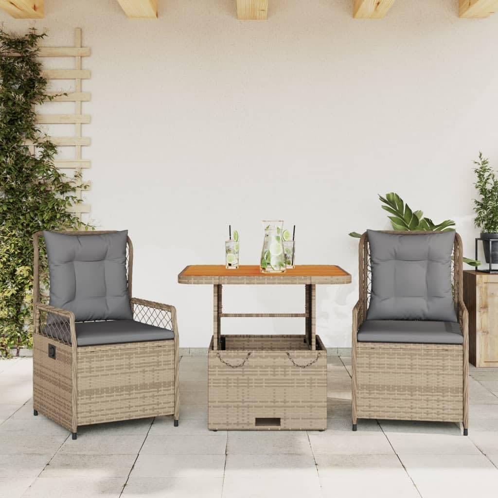 Salon de jardin 3 pièces rotin table réglable et fauteuils beige