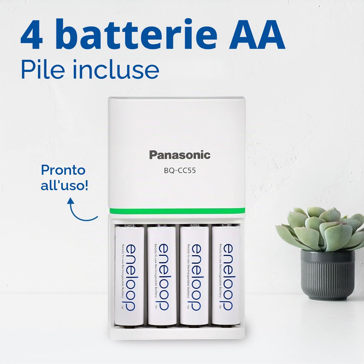 Panasonic eneloop Caricabatterie SmartPlus per 1-4 batterie AA/AAA Ni-MH, con 4 indicatori LED e 10 funzioni di sicurezza, tra cui 4 batterie eneloop AA/Mignon, capacità migliorata di min. 2000