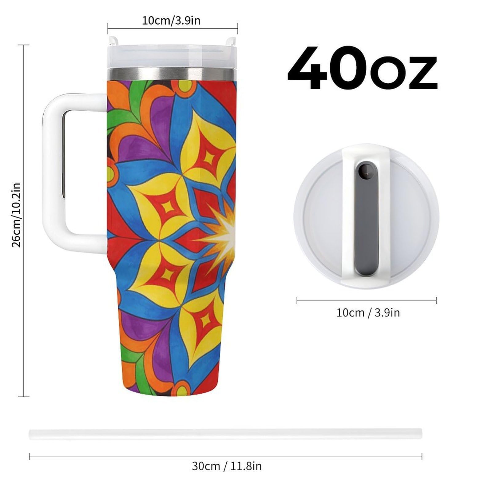 Tazza da caffè da viaggio con mandala colorato, in acciaio inossidabile, tazza da caffè con coperchio e cannuccia, tazza con manico, grande capacità, doppia parete, sottovuoto, a prova di