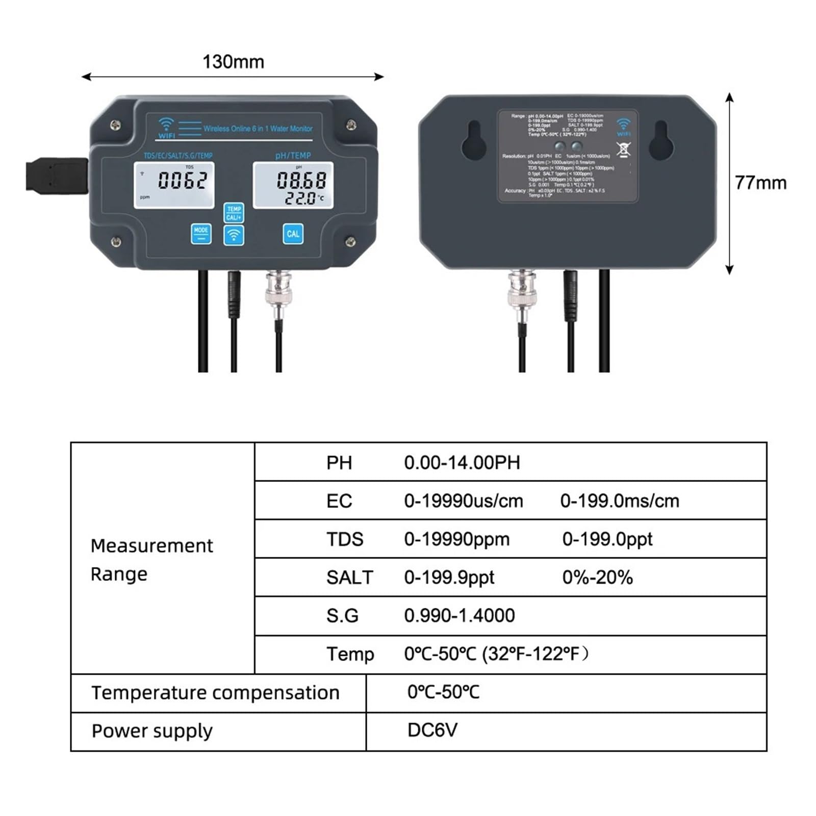 Smart WiFi Aquarium Meerwasser Salzgehalt Wasserqualität Meter PH EC TDS Salz Temp Datenlogger Tester Monitor for Aquarien