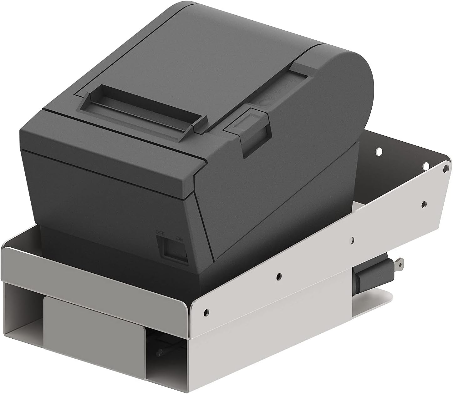 Stainless Steel Printer Tray with Power Supply Storage Compartment, Universal Mounting Solution for POS Printers and KDS Printers, Mounts to Wall or Shelf Edge