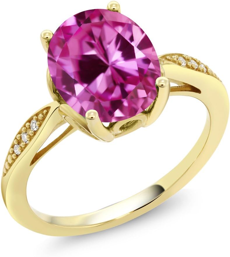 Gem Stone King 2-3 Cttw Oval Gemstone Birthstone and White Diamond Engagement Ring For Women | 14K Yellow Gold | Oval 10X8MM | Wedding Promise Ring | Size 5-9 | Pink Created-Sapphire | Size 7