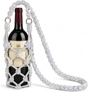 Macrame Wine Bottle Tote Rhinestone Woven Cotton Carrier Holder White | Handmade Crossbody Drink Pouch Upgraded Strap Bridal Shower Tumbler Sleeve Water Beverage Accessory Party Wedding Bling