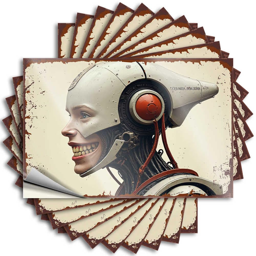 Fzfn Colour Summer Funny Sticker, Restroom Decor Hard Robotic Smile: A Cybernetic Portrait With Mechanical Teeth | Funny Quote Teen Decals(8X12cm)