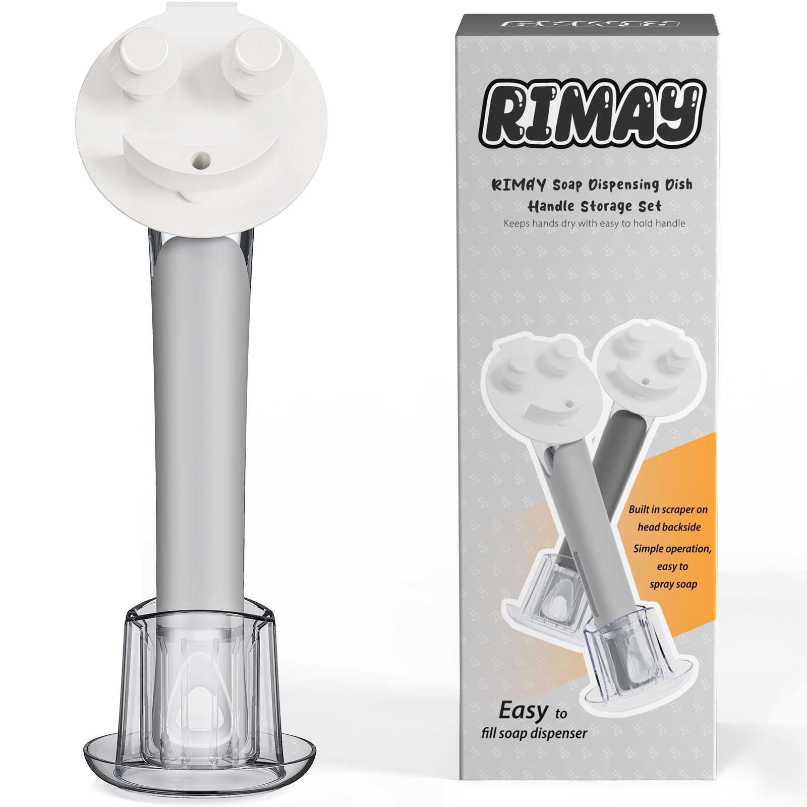 RIMAY Smile-Face Dish Wand Handle for Scrub Daddy Sponge - Soap Dispensing Cleaning Dishwand Scrub Handle Set with Holder (No Sponge Included) Product Image 1