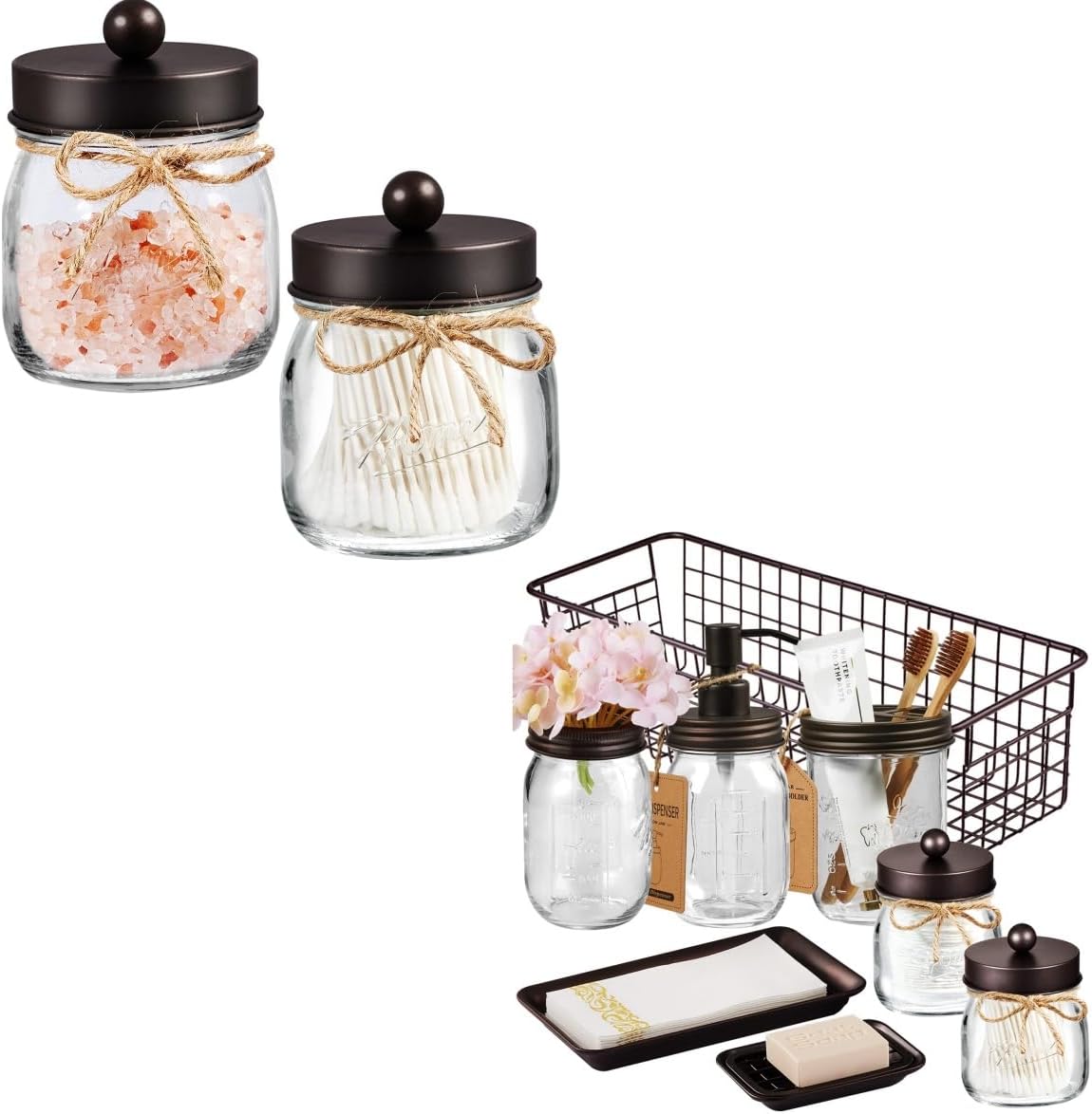 SheeChung 8PCS Bathroom Accessories Set Complete, Soap Dispenser, Toothbrush Holder, Vanity Tray & 2 Pack Qtip Holder for Cotton Balls, Rustic Farmhouse Decor