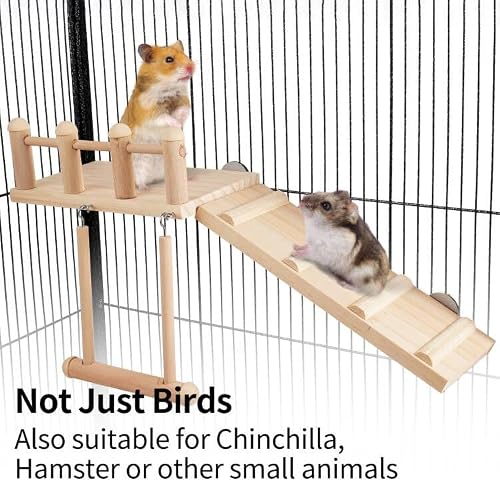 knIykmr Bird Perches Platform Swing with Climbing Ladder, Cage Accessories Wooden Playing Gyms Exercise Sturdy for Parakeet, Parrot, Lovebird, Cockatiel, Hamster - Thumbnail 7