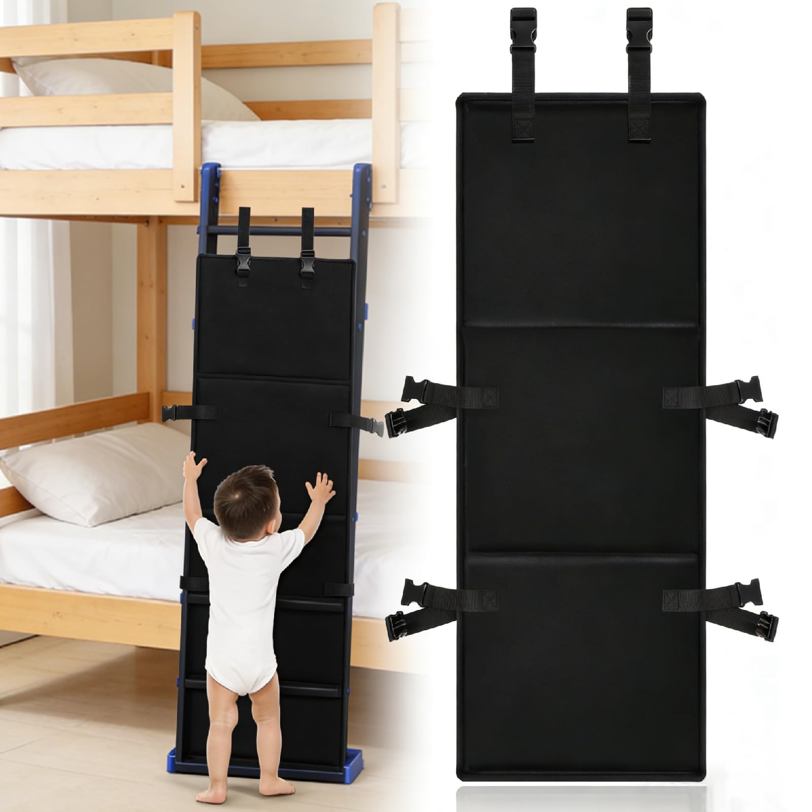 Bunk Bed Ladder Cover – Detachable Bunk Bed Ladder Guard,Child Safety Barrier for Bunk Beds & Loft Beds, Adjustable Strap with 6 Buckles, No Tools Installation, Universal Fit, Foldable & Easy Storage
