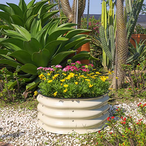 T4U Round Raised Garden Bed,2Ft X 2Ft X 0.9Ft Zinc-Aluminum-Magnesium Stainless Steel Durable Metal Planter Box, Outdoor Planter Garden Bed For Vegetables Flowers Fruits Herb Etc(Ivory White) #TOP6