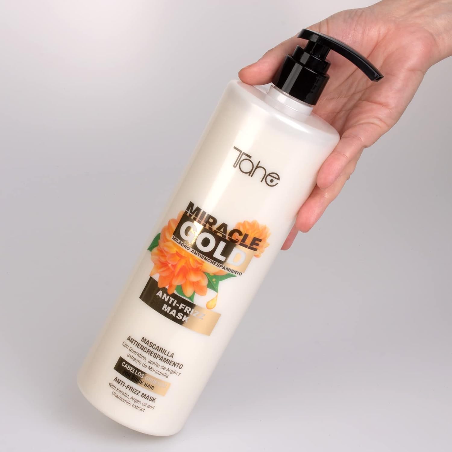 Tahe Miracle Gold Anti-Frizz Mask for Thick Hair with Keratin, Argan Oil, and Chamomile Extract, 1000ml