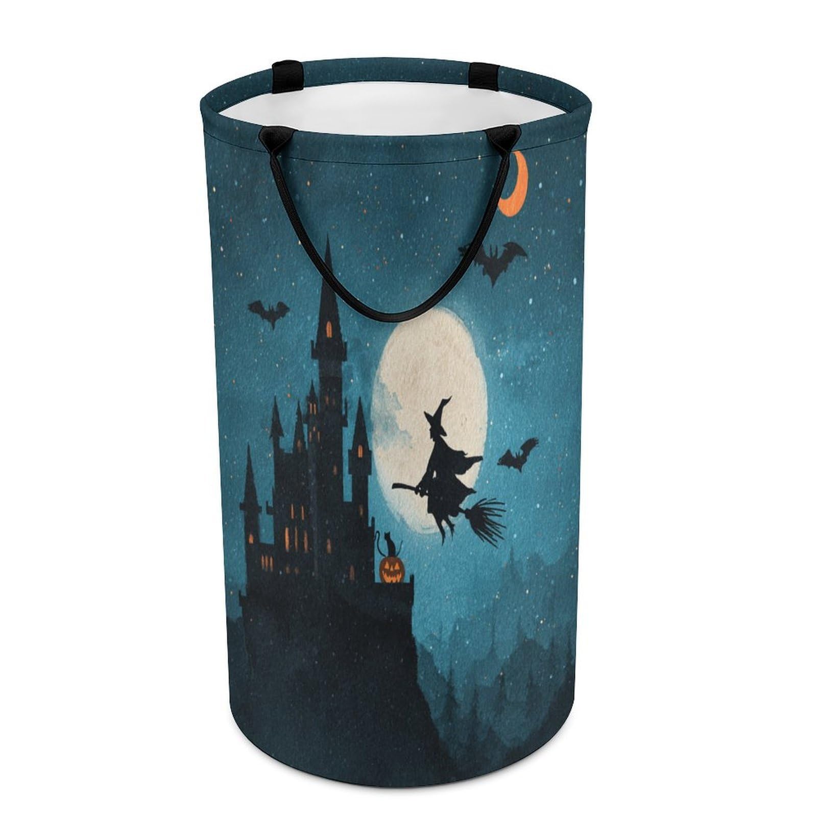LUYYSKY Classic Retro Witch Silhouette Collapsible Dirty Clothes Basket, Rustic Realistic Full Moon Halloween Castle Black Cat Pumpkin Portable Clothes Storage Basket