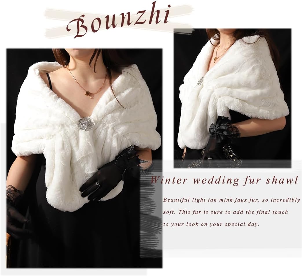 Bounzhi Women 's Wedding Faux Fur Shawl Wraps Bridal Wedding Scarf Stoles Faux Fur with brooch for Bride and Bridesmaids - Image 3
