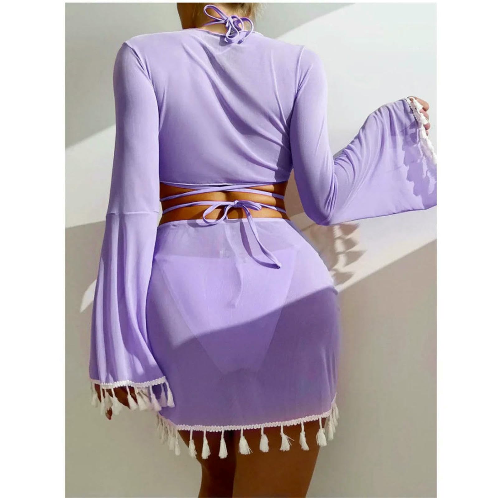 Maillot de Bain Femmes S-XL 4 Pièces Push Up Bikini Set, 2 avec Jupe Tassel & Manches Couvrir, Vacances Plage pour Les Femmes-Purple-m