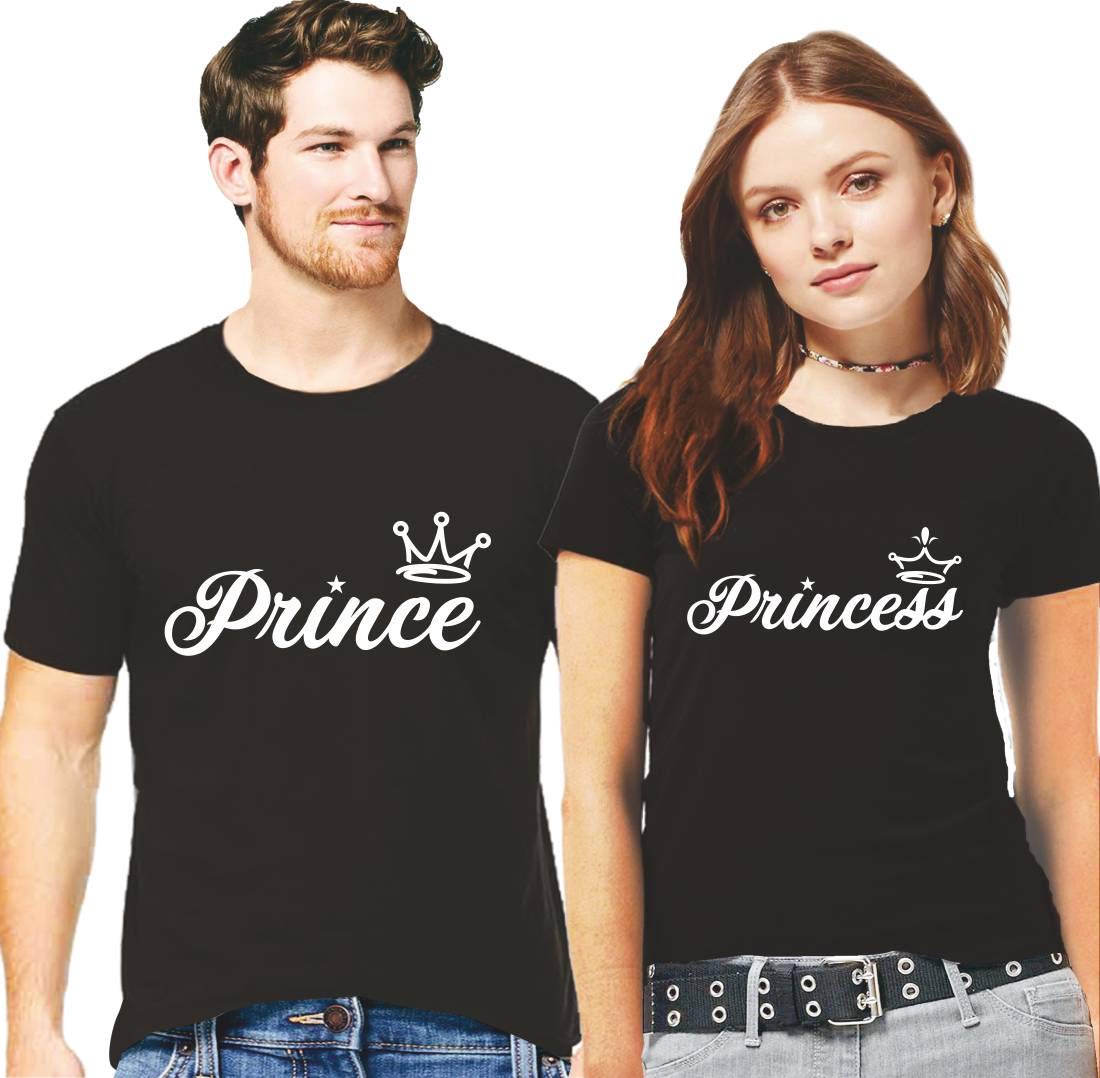 Hangout Hub HH134 Men Women Cotton Regular Fit Prince Princess Matching Combo T Shirts-Set of 2