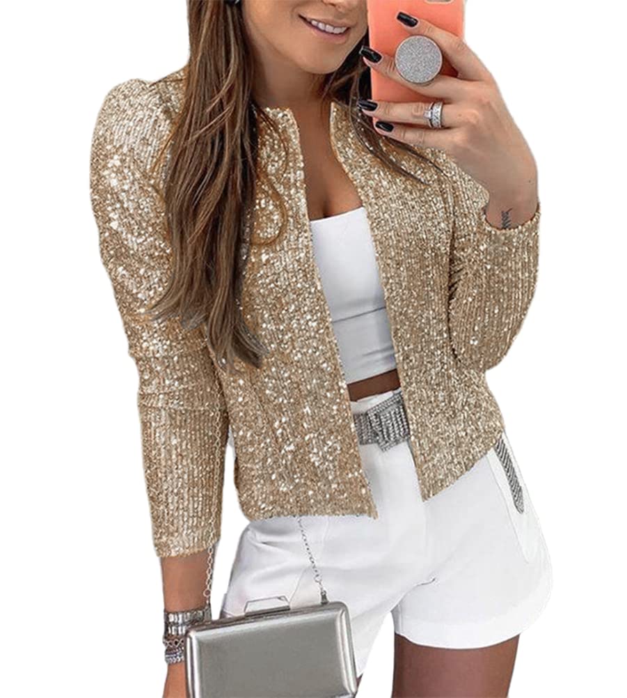 Minetom Blazer à Paillettes Femmes Chic Sequin Veste Casual Elegant Manches Longues Glitter Party Brillant Manteau Rave Blazer Veste De Costume