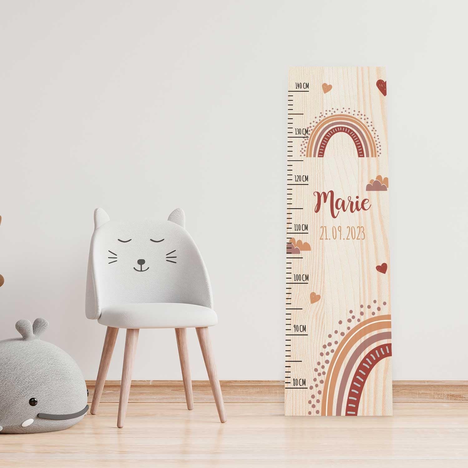 GRAVURZEILE Toise pour enfant en bois - Design rouge arc-en-ciel - Avec nom pour chambre d'enfant - Échelle mesure 80 à 140 cm - Dimensions : 20 x 70 x 2 cm - Cadeau de naissance pour filles et