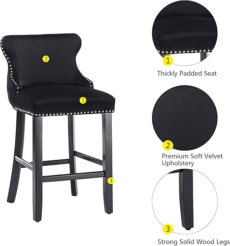 Miniatura 7 de mikibama Juego de 2 taburetes de bar de terciopelo con respaldo de ala, sillas de bar tapizadas con botones capitoné con altura de mostrador con