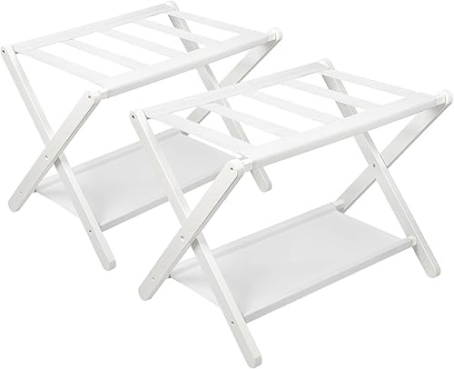 Miniatura 9 de VASMIA Portaequipajes, soporte plegable para maleta con estante de almacenamiento, soporte de equipaje de bambú para habitación de invitados,