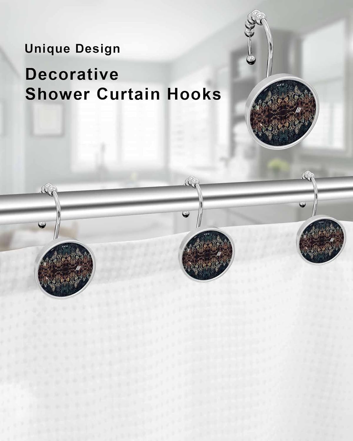 Shower Curtain Hooks 12 Pcs, Boho Abstract Geometric Snake Pattern Stainless Steel Rust Proof Rolling Shower Curtain Rings, Decorative Shower Curtain Hooks Hangers for Bathroom