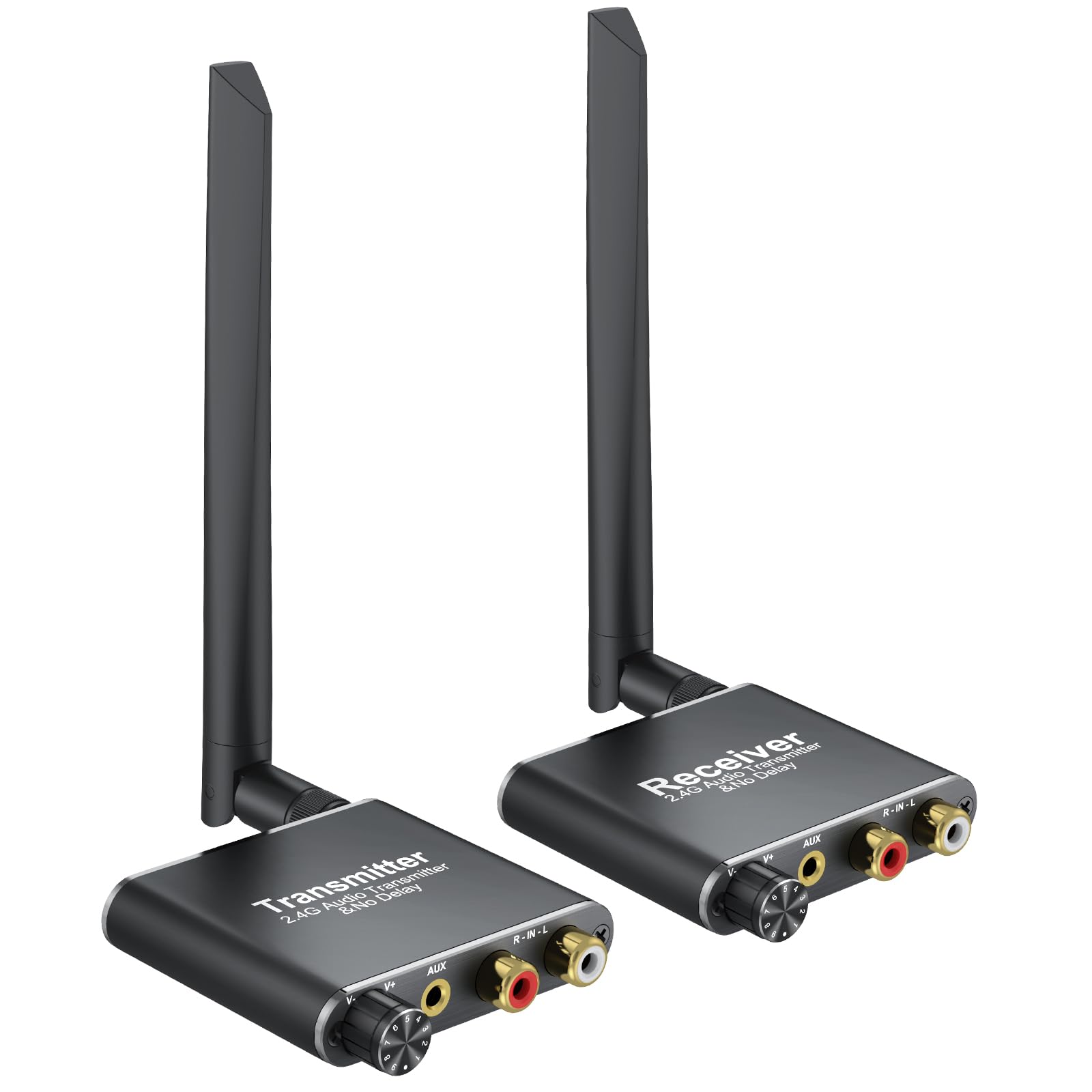 LiNKFOR 2.4Ghz Wireless Audio Transmitter Receiver, 50M/164Ft Long-Range Transmitter & Receiver with Low Latency,Volume Control,Ideal for TV/Subwoofers/Speakers,RCA(3.5mm) Out/Input