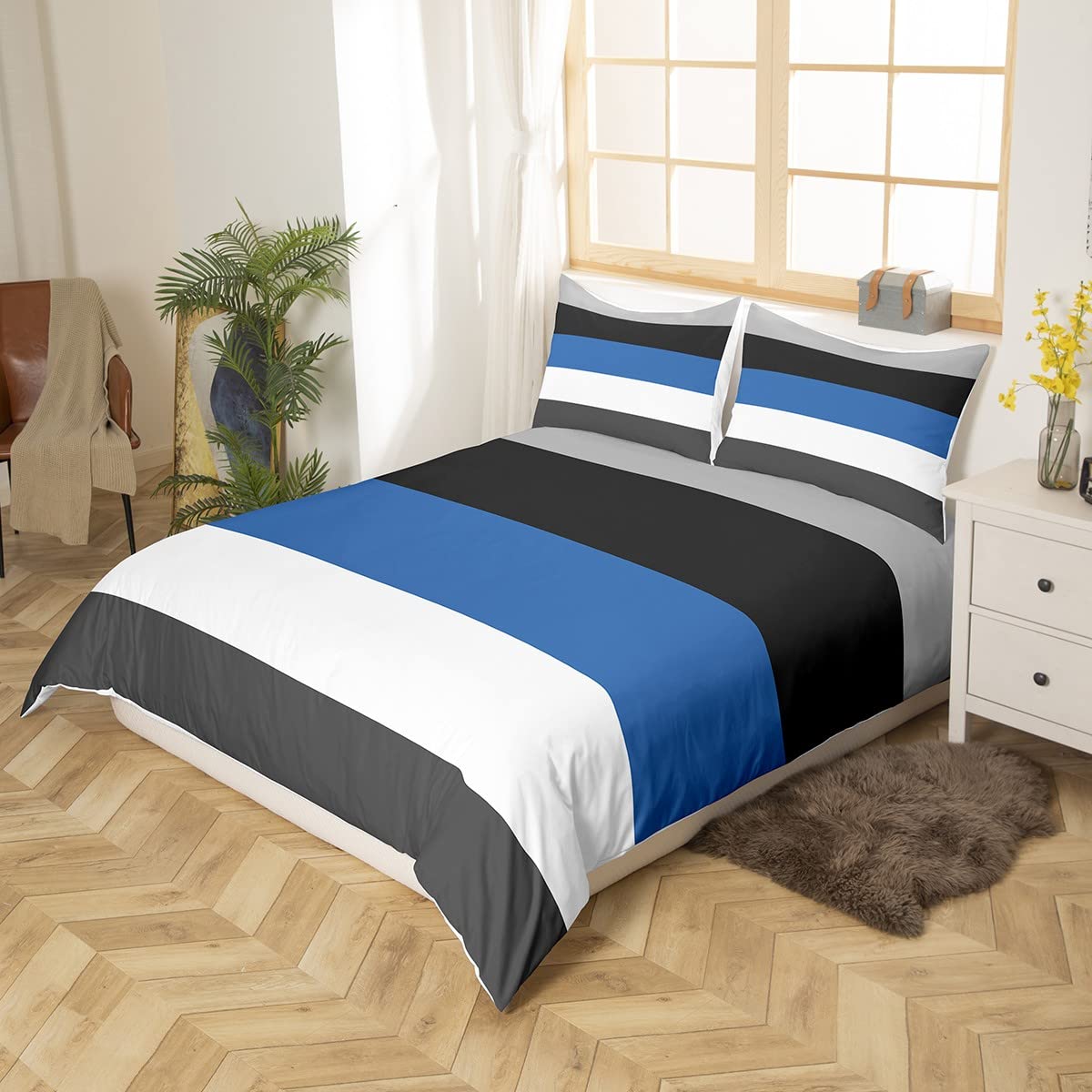 Loussiesd Kids Geometric Abstract Bedding Set Grey Blue Stripes Lines Duvet Cover for Kids Women Men Bedroom Modern Square Decor Comforter Cover Set Decor Single Size Bedding Collection 2Pcs - Image 3