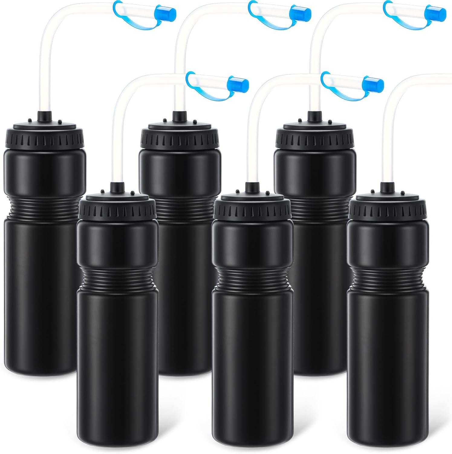 6 Pack Hockey Water Bottles Bulk Lacrosse Football Cycling Plastic Squeeze Bottle with Straw for Sports Baseball Gym Yoga Team Outdoor Use Sport Helmet in(Black)