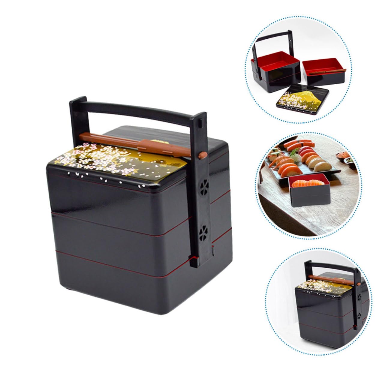 Boîte à Lunch et Rangement des Céréales à Domicile pour Pique-niques Bento Japonaise Noire Réutilisable en Abs Design à Trois Couches, Pratique et Hermétique