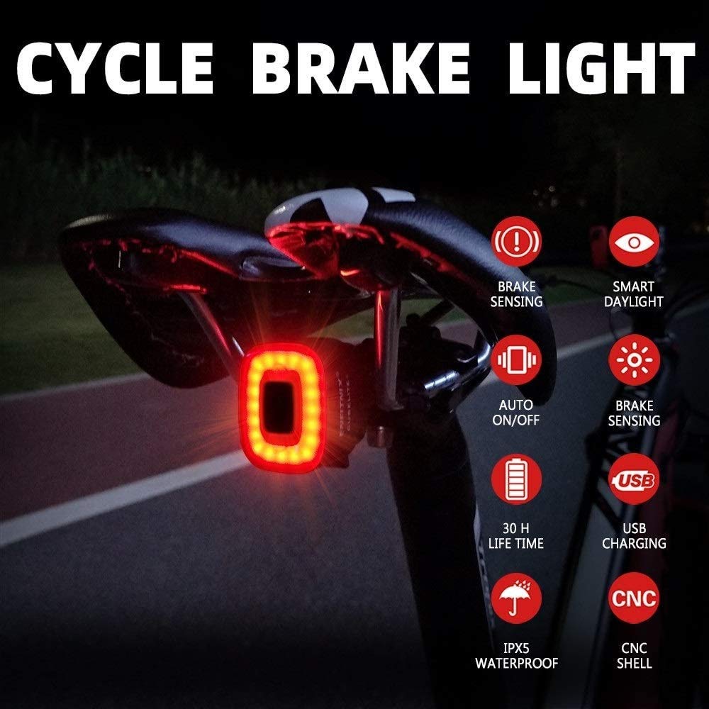 Bike Light. USB Luce ricaricabile della coda della bicicletta. Freno del sensore intelligente, posteriore rosso ad alta intensità GUIDATO Gli accessori si adattano a qualsiasi bicicletta stradale