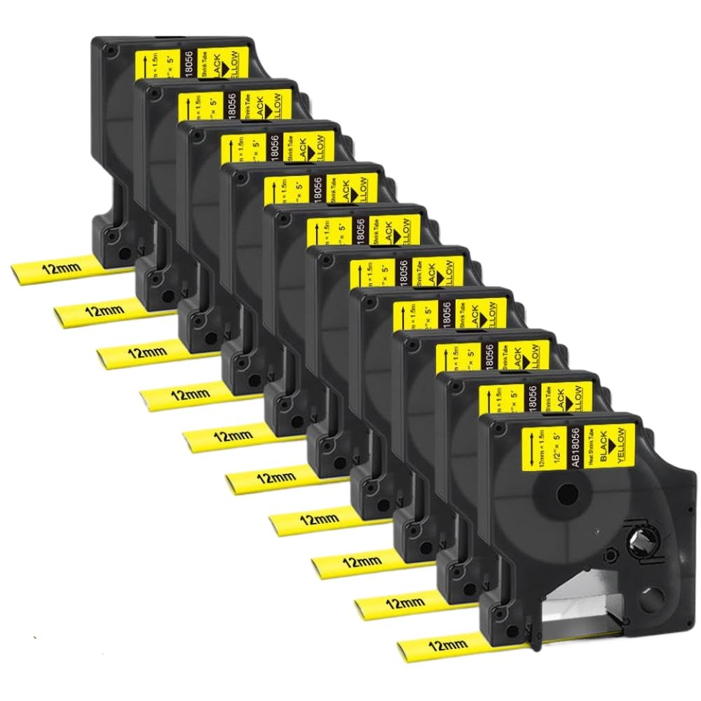 10pcs 18056 Tubo di restringimento del calore Tape etichetta da 12 mm Black su giallo compatibile con etichetta 1000 3000 4200 5000 5200 6000 Serie(Black on Yellow)
