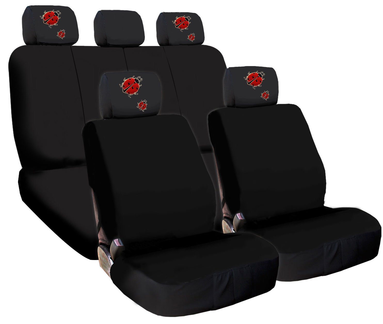 Yupbizauto New Black Flat Cloth Universal Fit Car Truck Seat Covers with Embroidery Logo Headrest Covers Support 60/40 Split Seats (Ladybug)