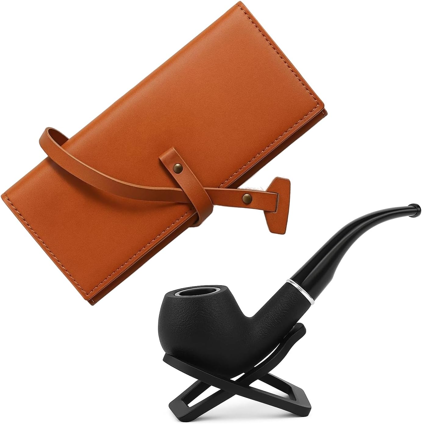 Premium Tobacco Pipe & Tobacco Storage Case Set for Men – 5.67" Classic Matte Black Smoking Pipe with Ergonomic Mouthpiece + Faux Leather Pipe Case with Zipper – Ideal Gift for Pipe Lovers
