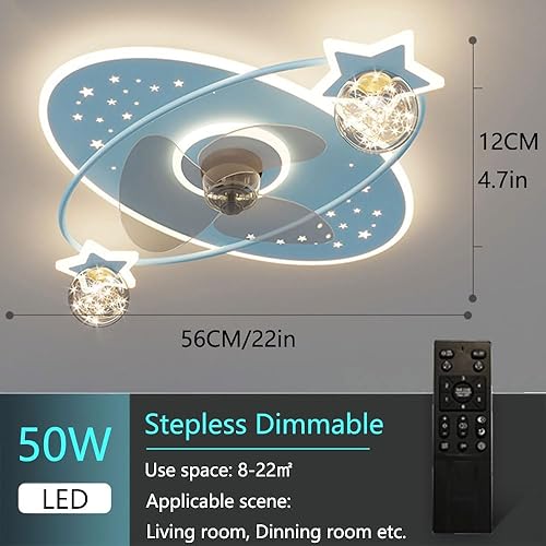 Miniatura 2 de Ventilador de techo regulable de 50 W, luces de techo LED, ventilador de techo azul para niños, ventilador de techo azul con luces remotas de 6