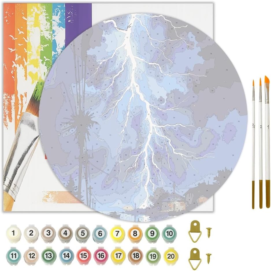 Thunderstorm Paint by Numbers Kit for Adults on Wood Board – DIY Lightning Over Lake and Houses Wood Craft Painting Kit, 12 in Round, Acrylic Paint Set, Beginner-Friendly, Relaxing Home Decor Gift