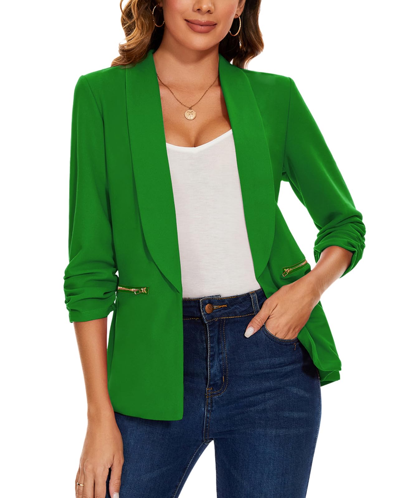 Women Blazer Open Front 3/4 Sleeve Blazer Casual Cardigan Outerwear with Zipper Pockets-image-6